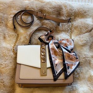 Aldo Top-Handle Satchel in Beige and Cream with Scarf Accent